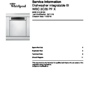 Whirlpool wbc 3c26 pf x service manual cover integrated dishwasher showing service information and table of contents with spare parts list, exploded view, circuit diagram, program chart, test program, error codes, and service bulletins.