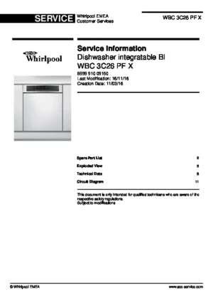 Whirlpool wbc 3c26 pf x service manual cover integrated dishwasher showing service information and table of contents with spare parts list, exploded view, circuit diagram, program chart, test program, error codes, and service bulletins.