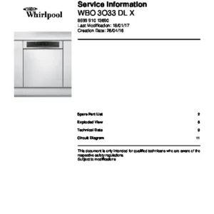 Whirlpool wbo 3o33 dl x service manual cover integrated dishwasher showing service information and table of contents with spare parts list, exploded view, circuit diagram, program chart, test program, error codes, and service bulletins.
