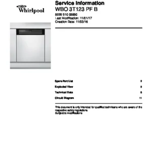 Whirlpool wbo 3t123 pf b service manual cover integrated dishwasher showing service information and table of contents with spare parts list, exploded view, circuit diagram, program chart, test program, error codes, and service bulletins.