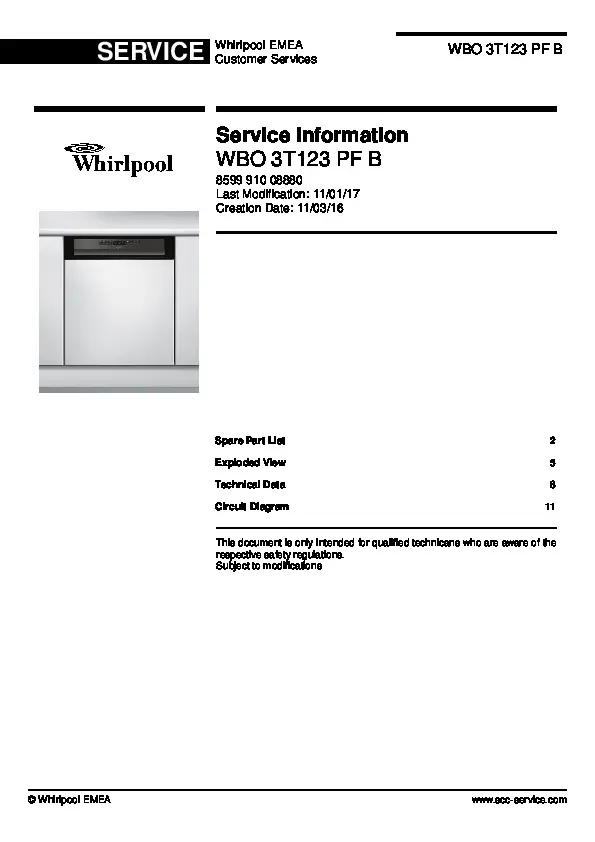 Whirlpool wbo 3t123 pf b service manual cover integrated dishwasher showing service information and table of contents with spare parts list, exploded view, circuit diagram, program chart, test program, error codes, and service bulletins.