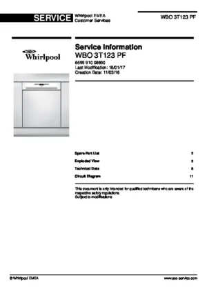 Whirlpool wbo 3t123 pf service manual cover integrated dishwasher showing service information and table of contents with spare parts list, exploded view, circuit diagram, program chart, test program, error codes, and service bulletins.
