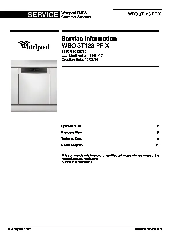 Whirlpool wbo 3t123 pf x service manual cover integrated dishwasher showing service information and table of contents with spare parts list, exploded view, circuit diagram, program chart, test program, error codes, and service bulletins.