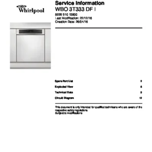 Whirlpool wbo 3t333 df i service manual cover integrated dishwasher showing service information and table of contents with spare parts list, exploded view, circuit diagram, program chart, test program, error codes, and service bulletins.
