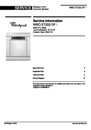Whirlpool wbo 3t333 df i service manual cover integrated dishwasher showing service information and table of contents with spare parts list, exploded view, circuit diagram, program chart, test program, error codes, and service bulletins.