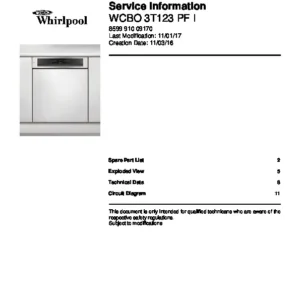 Whirlpool wcbo 3t123 pf service manual cover integrated dishwasher showing service information and table of contents with spare parts list, exploded view, circuit diagram, program chart, test program, error codes, and service bulletins.