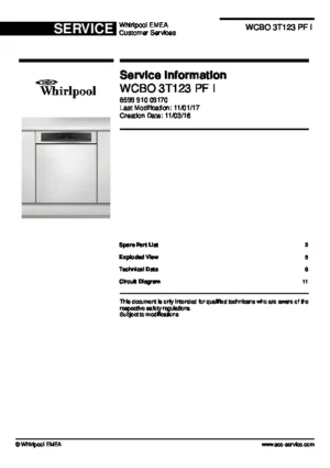 Whirlpool wcbo 3t123 pf service manual cover integrated dishwasher showing service information and table of contents with spare parts list, exploded view, circuit diagram, program chart, test program, error codes, and service bulletins.
