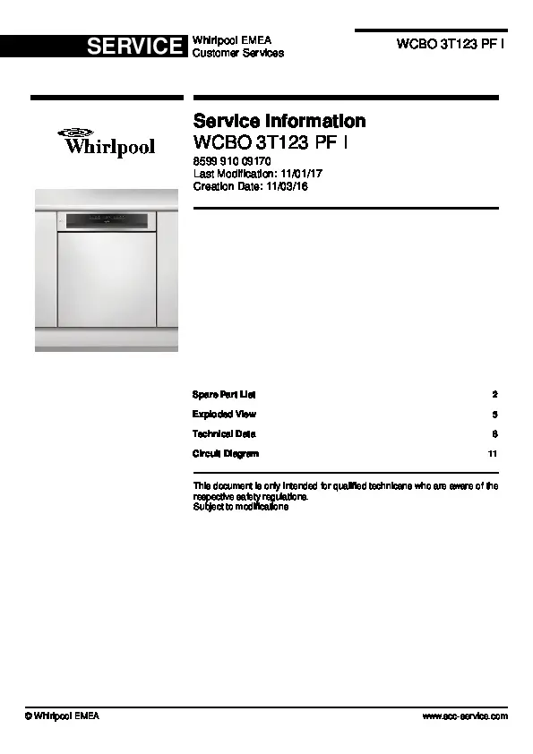 Whirlpool wcbo 3t123 pf service manual cover integrated dishwasher showing service information and table of contents with spare parts list, exploded view, circuit diagram, program chart, test program, error codes, and service bulletins.