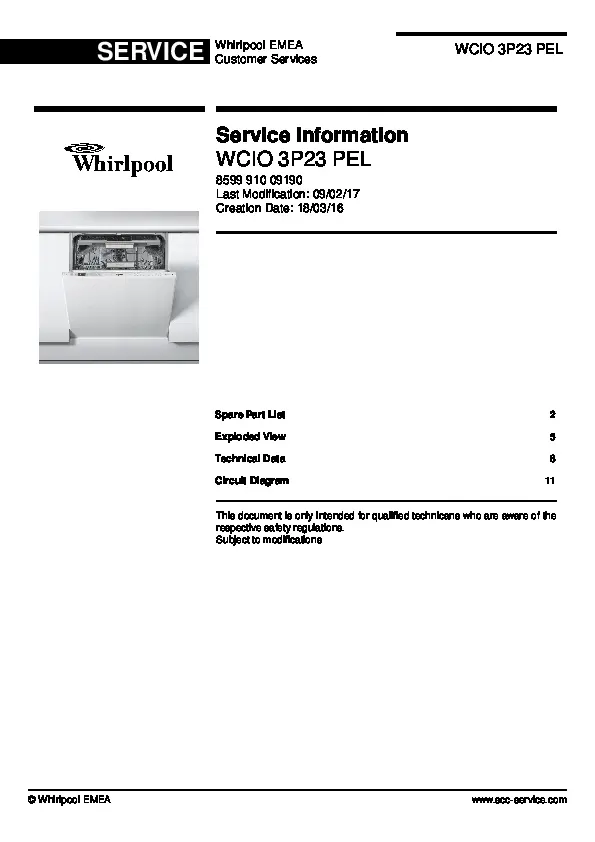 Whirlpool wcio 3p23 pel service manual cover integrated dishwasher showing service information and table of contents with spare parts list, exploded view, circuit diagram, program chart, test program, error codes, and service bulletins.