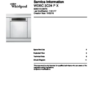 Whirlpool wdbc 3c24 p x service manual cover integrated dishwasher showing service information and table of contents with spare parts list, exploded view, circuit diagram, program chart, test program, error codes, and service bulletins.