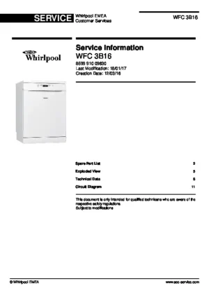Whirlpool wfc 3b16 service manual cover integrated dishwasher showing service information and table of contents with spare parts list, exploded view, circuit diagram, program chart, test program, error codes, and service bulletins.