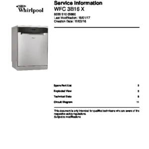 Whirlpool wfc 3b16 x service manual cover integrated dishwasher showing service information and table of contents with spare parts list, exploded view, circuit diagram, program chart, test program, error codes, and service bulletins.