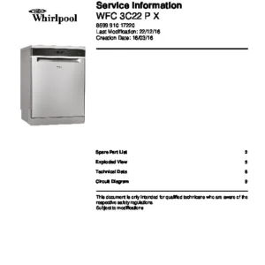 Whirlpool wfc 3c22 p x service manual cover integrated dishwasher showing service information and table of contents with spare parts list, exploded view, circuit diagram, program chart, test program, error codes, and service bulletins.