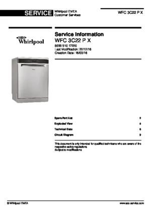 Whirlpool wfc 3c22 p x service manual cover integrated dishwasher showing service information and table of contents with spare parts list, exploded view, circuit diagram, program chart, test program, error codes, and service bulletins.
