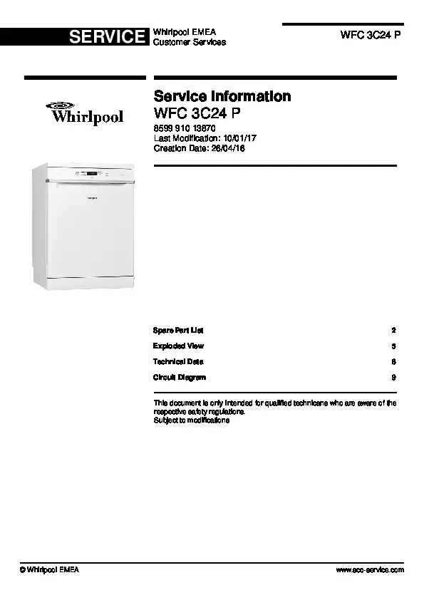 Whirlpool wfc 3c24 p service manual cover integrated dishwasher showing service information and table of contents with spare parts list, exploded view, circuit diagram, program chart, test program, error codes, and service bulletins.