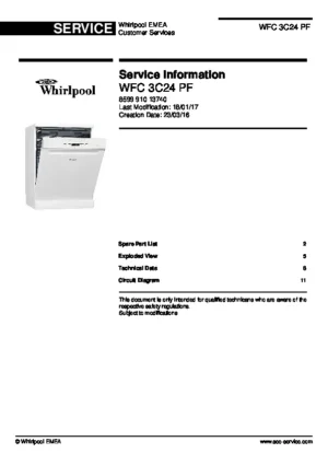 Whirlpool wfc 3c24 pf wfc 3c24 p x service manual cover integrated dishwasher showing service information and table of contents with spare parts list, exploded view, circuit diagram, program chart, test program, error codes, and service bulletins.