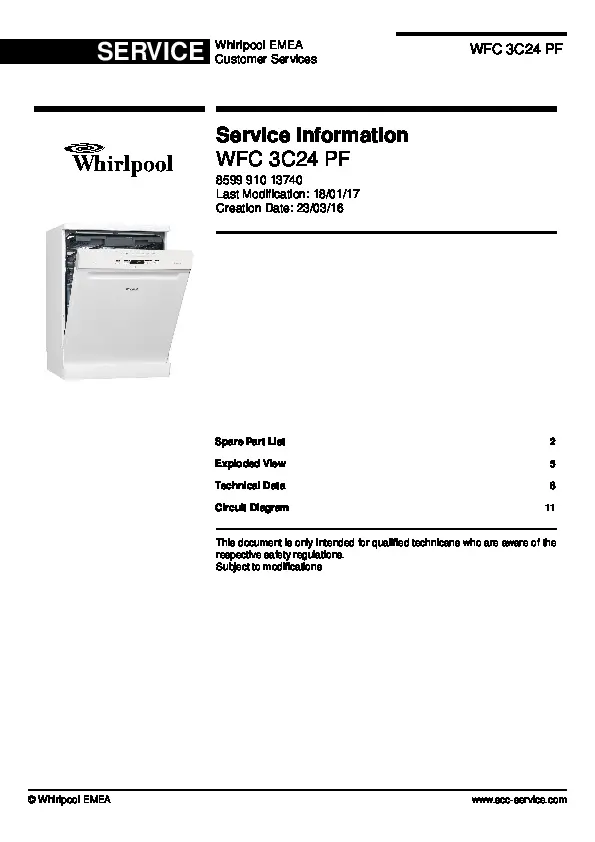 Whirlpool wfc 3c24 pf wfc 3c24 p x service manual cover integrated dishwasher showing service information and table of contents with spare parts list, exploded view, circuit diagram, program chart, test program, error codes, and service bulletins.