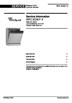 Whirlpool wfc 3c26 f x service manual cover integrated dishwasher showing service information and table of contents with spare parts list, exploded view, circuit diagram, program chart, test program, error codes, and service bulletins.