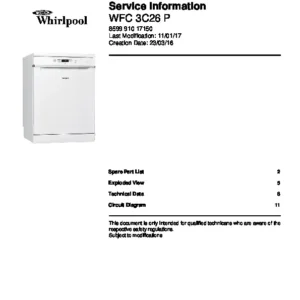 Whirlpool wfc 3c26 p service manual cover integrated dishwasher showing service information and table of contents with spare parts list, exploded view, circuit diagram, program chart, test program, error codes, and service bulletins.