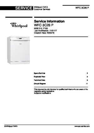 Whirlpool wfc 3c26 p service manual cover integrated dishwasher showing service information and table of contents with spare parts list, exploded view, circuit diagram, program chart, test program, error codes, and service bulletins.