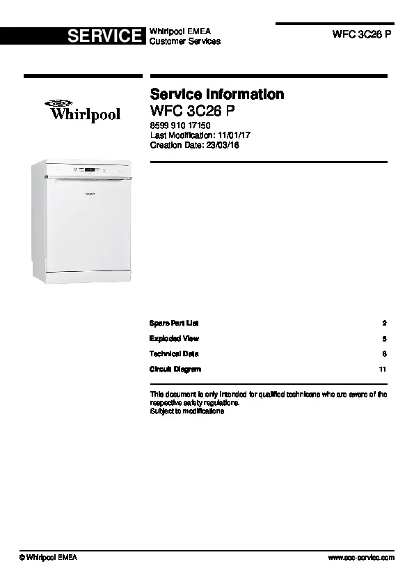 Whirlpool wfc 3c26 p service manual cover integrated dishwasher showing service information and table of contents with spare parts list, exploded view, circuit diagram, program chart, test program, error codes, and service bulletins.