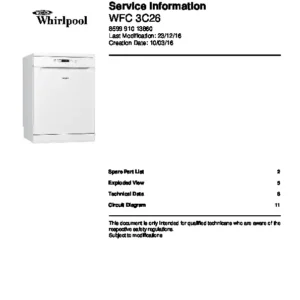 Whirlpool wfc 3c26 service manual cover integrated dishwasher showing service information and table of contents with spare parts list, exploded view, circuit diagram, program chart, test program, error codes, and service bulletins.
