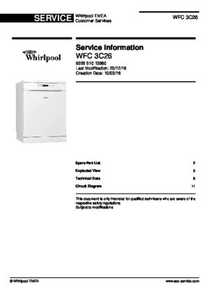 Whirlpool wfc 3c26 service manual cover integrated dishwasher showing service information and table of contents with spare parts list, exploded view, circuit diagram, program chart, test program, error codes, and service bulletins.