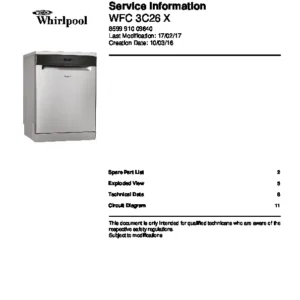 Whirlpool wfc 3c26 x service manual cover integrated dishwasher showing service information and table of contents with spare parts list, exploded view, circuit diagram, program chart, test program, error codes, and service bulletins.