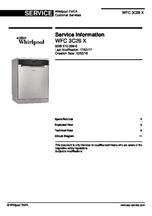 Whirlpool wfc 3c26 x service manual cover integrated dishwasher showing service information and table of contents with spare parts list, exploded view, circuit diagram, program chart, test program, error codes, and service bulletins.
