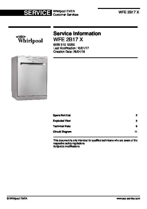 Whirlpool wfe 2b17 x service manual cover integrated dishwasher showing service information and table of contents with spare parts list, exploded view, circuit diagram, program chart, test program, error codes, and service bulletins.