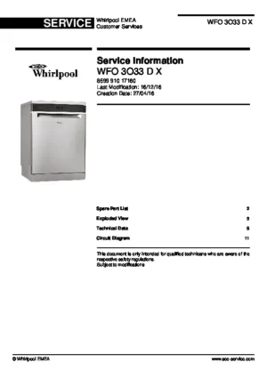 Whirlpool wfo 3o33 d x service manual cover integrated dishwasher showing service information and table of contents with spare parts list, exploded view, circuit diagram, program chart, test program, error codes, and service bulletins.
