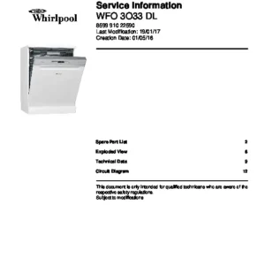 Whirlpool wfo 3o33 dl service manual cover integrated dishwasher showing service information and table of contents with spare parts list, exploded view, circuit diagram, program chart, test program, error codes, and service bulletins.