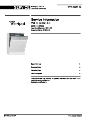 Whirlpool wfo 3o33 dl service manual cover integrated dishwasher showing service information and table of contents with spare parts list, exploded view, circuit diagram, program chart, test program, error codes, and service bulletins.