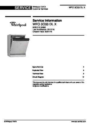 Whirlpool wfo 3o33 dl x service manual cover integrated dishwasher showing service information and table of contents with spare parts list, exploded view, circuit diagram, program chart, test program, error codes, and service bulletins.