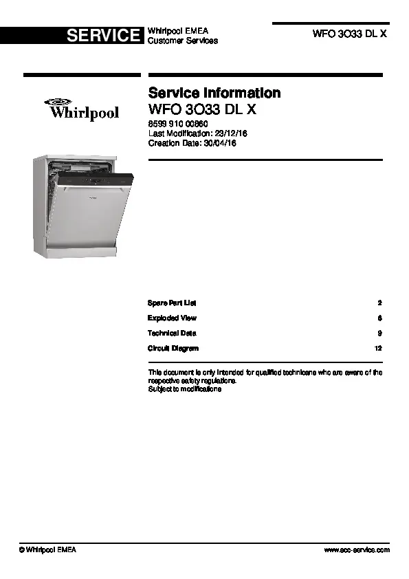 Whirlpool wfo 3o33 dl x service manual cover integrated dishwasher showing service information and table of contents with spare parts list, exploded view, circuit diagram, program chart, test program, error codes, and service bulletins.