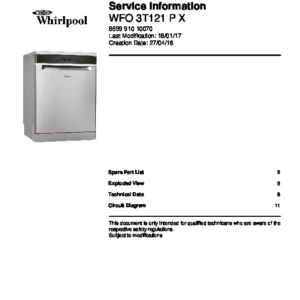 Whirlpool wfo 3t121 p x service manual cover integrated dishwasher showing service information and table of contents with spare parts list, exploded view, circuit diagram, program chart, test program, error codes, and service bulletins.