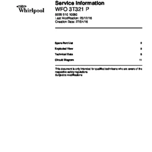 Whirlpool wfo 3t321 p service manual cover integrated dishwasher showing service information and table of contents with spare parts list, exploded view, circuit diagram, program chart, test program, error codes, and service bulletins.