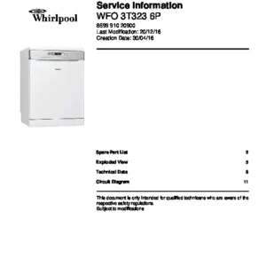 Whirlpool wfo 3t323 6p service manual cover integrated dishwasher showing service information and table of contents with spare parts list, exploded view, circuit diagram, program chart, test program, error codes, and service bulletins.