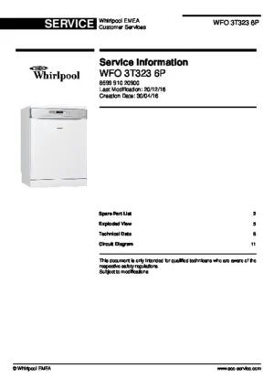 Whirlpool wfo 3t323 6p service manual cover integrated dishwasher showing service information and table of contents with spare parts list, exploded view, circuit diagram, program chart, test program, error codes, and service bulletins.