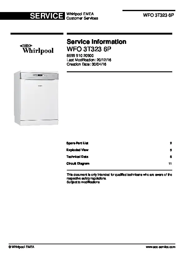 Whirlpool wfo 3t323 6p service manual cover integrated dishwasher showing service information and table of contents with spare parts list, exploded view, circuit diagram, program chart, test program, error codes, and service bulletins.