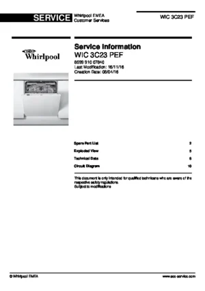 Whirlpool wic 3c23 pef service manual cover integrated dishwasher showing service information and table of contents with spare parts list, exploded view, circuit diagram, program chart, test program, error codes, and service bulletins.