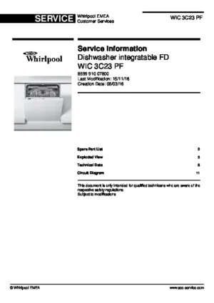 Whirlpool wic 3c23 pf service manual cover integrated dishwasher showing service information and table of contents with spare parts list, exploded view, circuit diagram, program chart, test program, error codes, and service bulletins.