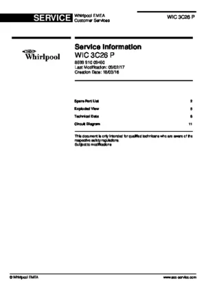 Whirlpool wic 3c26 p service manual cover integrated dishwasher showing service information and table of contents with spare parts list, exploded view, circuit diagram, program chart, test program, error codes, and service bulletins.