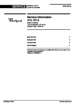 Whirlpool wie 2b16 service manual cover integrated dishwasher showing service information and table of contents with spare parts list, exploded view, circuit diagram, program chart, test program, error codes, and service bulletins.