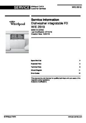 Whirlpool wie 2b19 wie 2b19 uk service manual cover integrated dishwasher showing service information and table of contents with spare parts list, exploded view, circuit diagram, program chart, test program, error codes, and service bulletins.