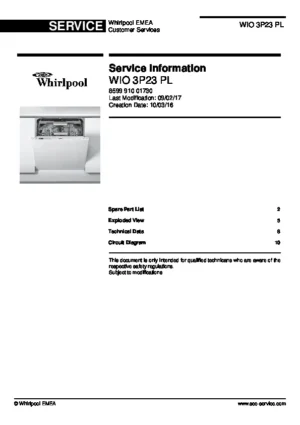 Whirlpool wio 3p23 pl service manual cover integrated dishwasher showing service information and table of contents with spare parts list, exploded view, circuit diagram, program chart, test program, error codes, and service bulletins.