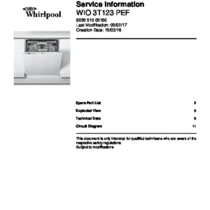 Whirlpool wio 3t123 pef service manual cover integrated dishwasher showing service information and table of contents with spare parts list, exploded view, circuit diagram, program chart, test program, error codes, and service bulletins.