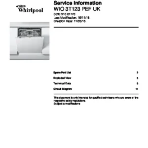 Whirlpool wio 3t123 pef uk service manual cover integrated dishwasher showing service information and table of contents with spare parts list, exploded view, circuit diagram, program chart, test program, error codes, and service bulletins.