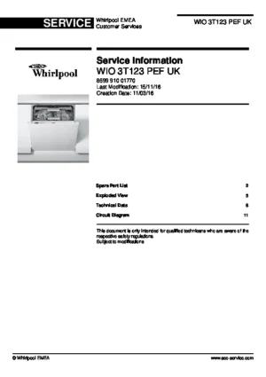 Whirlpool wio 3t123 pef uk service manual cover integrated dishwasher showing service information and table of contents with spare parts list, exploded view, circuit diagram, program chart, test program, error codes, and service bulletins.
