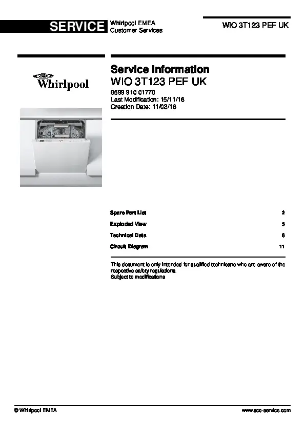 Whirlpool wio 3t123 pef uk service manual cover integrated dishwasher showing service information and table of contents with spare parts list, exploded view, circuit diagram, program chart, test program, error codes, and service bulletins.